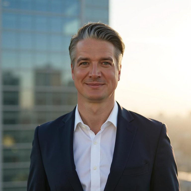 Sven von Bismarck Mann in Anzug mit lächelndem Gesicht vor einem urbanen Hintergrund bei Sonnenuntergang.